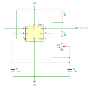 Schematic for a variable speed clock using the NE555 timer