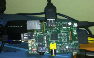 Raspberry Pi connected to hub and power,