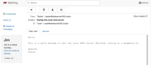 Mailhog webmail showing message