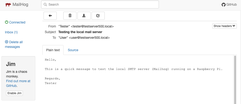 Mailhog webmail showing message