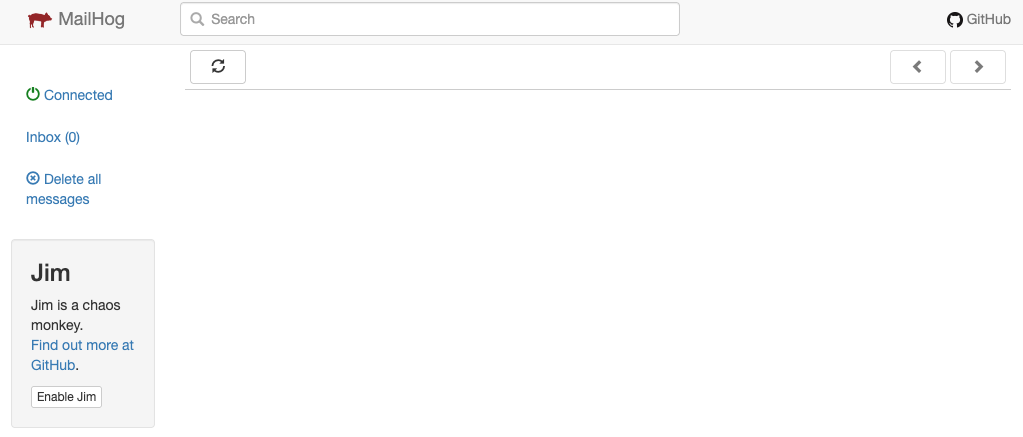 Mailhog Wemail interface showing empty mailbox