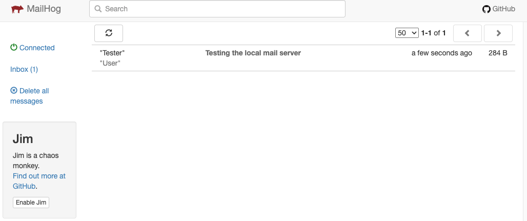 Mailhog Wemail interface showing one email in mailbox